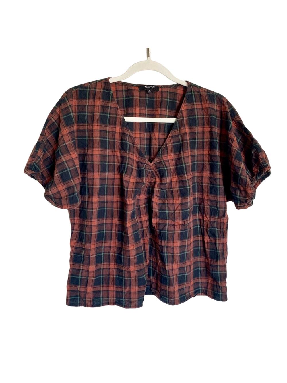 Madewell Preppy V-Neck Plaid Gathered Slightly Shrunken Puff Sleeve Casual Top